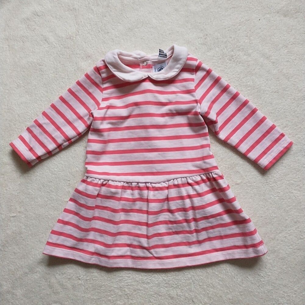 Petit Bateau Dress Baby Girl 12Mo Red Pink Striped Long Sleeve Drop Waist Collar